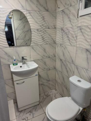 Un baño con inodoro, lavabo y espejo. en Im TOON, en Dilijan