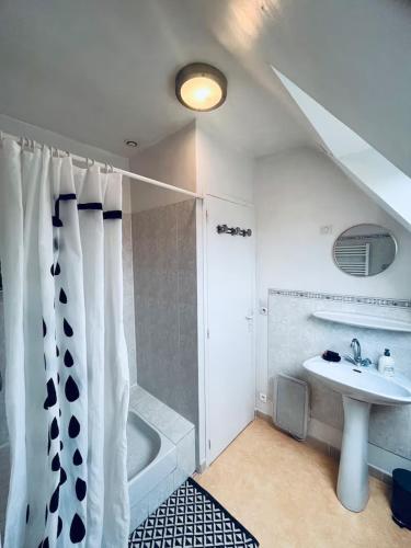 une salle de bain avec une douche, un lavabo et une baignoire dans l'établissement Jolie maison, idéalement située, à Crozon