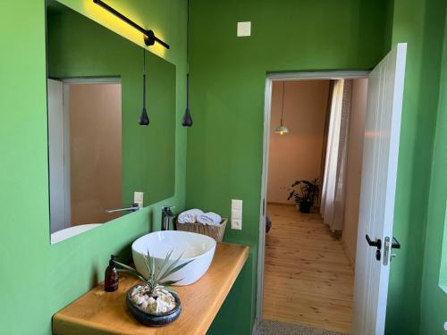 a green bathroom with a sink and a mirror at Our Old House in Tʼelavi