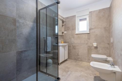 a bathroom with a shower and a toilet and a sink at Villa Maria, a charming villa near Labin in Nedeščina