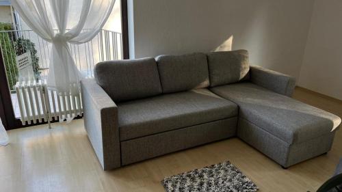 a gray couch in a living room with a window at Ferienwohnung Engel in Bad Schwalbach