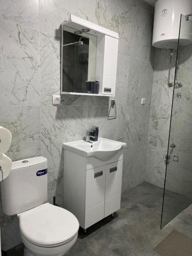a white bathroom with a toilet and a sink at Prenoćište SILVER LUX Srebrno Jezero 10 in Veliko Gradište