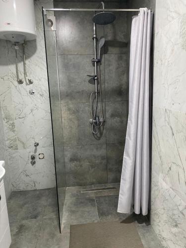 a shower with a glass door in a bathroom at Prenoćište SILVER LUX Srebrno Jezero 10 in Veliko Gradište