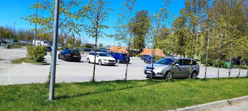 eine Gruppe von Autos auf einem Parkplatz geparkt in der Unterkunft Liepaja Beach in Liepāja