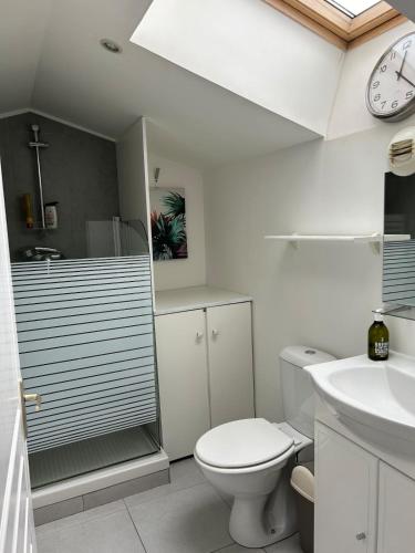 La salle de bains est pourvue de toilettes, d'un lavabo et d'une horloge. dans l'établissement LAtelier T3 proche Aix et Marseille, à Gardanne