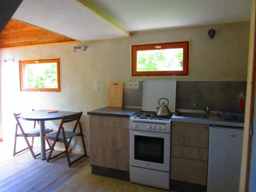 Il comprend une cuisine équipée d'une cuisinière, d'un évier et d'une table. dans l'établissement Eco maisonnette, à Sulniac