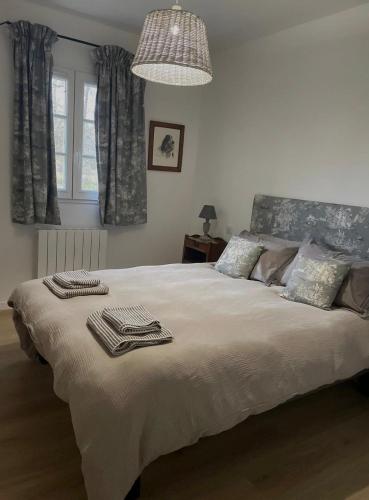 une chambre avec un grand lit avec des serviettes dessus dans l'établissement La Sauvagine, à Villemurlin