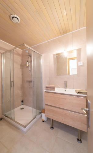 une salle de bain avec douche et lavabo dans l'établissement Appart' des Tours de La Rochelle, à Aytré