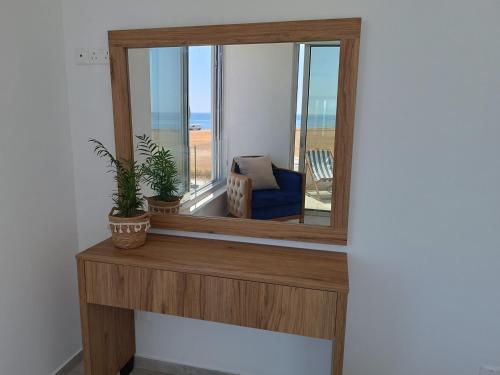 a room with a window with a chair and plants at Blue Aura Beach villa Larnaca in Pervolia