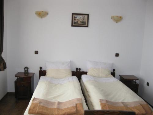 two beds in a room with white walls at Guesthouse Trite Kambani in Banya