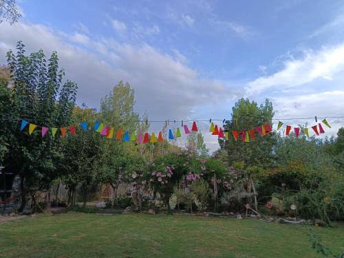 a bunch of flags hanging from a string in a yard at El Parralito in Mendoza