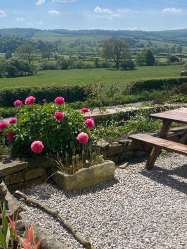 a picnic table and pink flowers next to a bench at 4 beds, private parking, gr fl bedroom & shower WC in Wensley