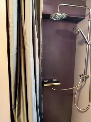a shower with a shower head and a shower curtain at Nykmark - Eco House - Room Selva in Bøstad