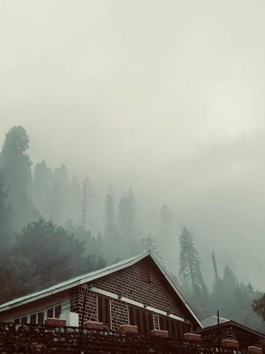 a cabin in the fog with trees in the background at Green Manal Hotel in Abbottābād