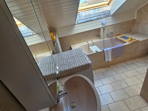 a bathroom with a toilet and a bath tub at Ferienwohnung Schwarzer Kater in Wiesenbronn