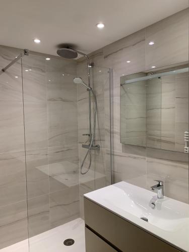 une salle de bain avec une douche en verre et un lavabo dans l'établissement Résidence Gray d'Albion Studio ROU503, à Cannes