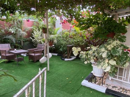 a garden with a table and chairs and plants at Green Enchantment Home in Nalakonge