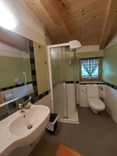 a bathroom with a sink and a shower and a toilet at Camping Al Lago Ledro in Ledro