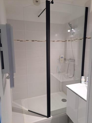 une douche avec une porte vitrée dans une salle de bain dans l'établissement Mer et soleil LGM, à La Celle-sous-Gouzon