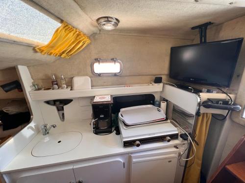 une vue intérieure d'un camping-car avec un évier et une télévision dans l'établissement boat home Cannes Festival, à Mandelieu-la-Napoule