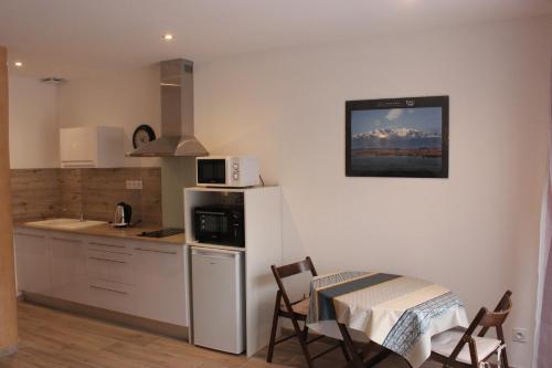 Il comprend une cuisine équipée d'un réfrigérateur blanc et d'une table avec des chaises. dans l'établissement Studio meublé entièrement équipé, à Elne