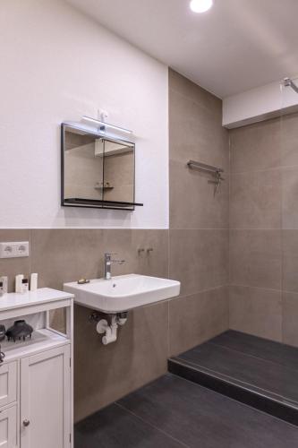 a bathroom with a sink and a mirror at M4 Apartments in Freiburg im Breisgau
