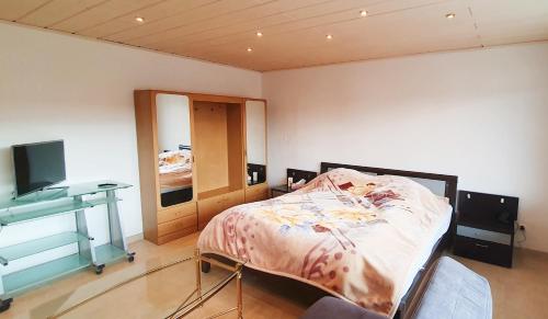 a bedroom with a bed and a desk and a television at Ferienwohnungen Sonne in Siegsdorf