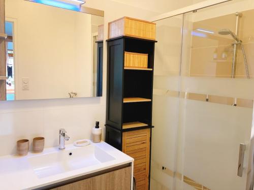 une salle de bain avec un lavabo et une douche dans l'établissement Menhirs et Marées à Carnac Plage, à Carnac