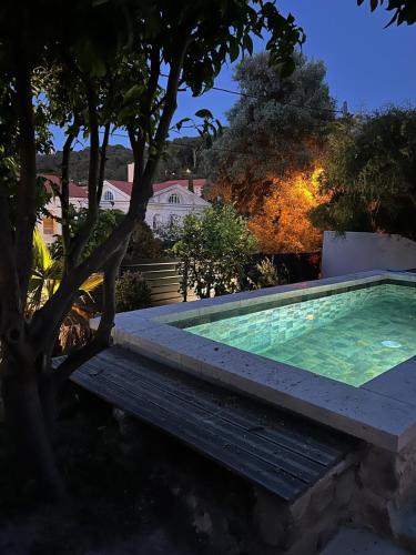 - une piscine avec un banc à côté d'un arbre dans l'établissement Charming house with pool, sea view 4 bedrooms 2 bathrooms, à Saint-Mandrier-sur-Mer