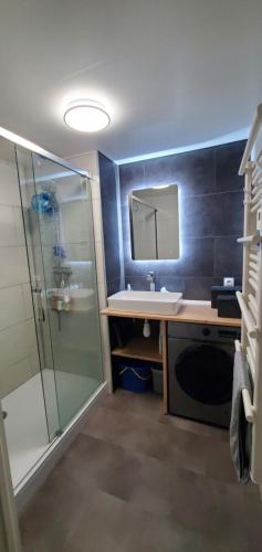 une salle de bain avec une douche, un lavabo et un miroir dans l'établissement Mes vacances à la mer, à Saint-Jean-de-Monts