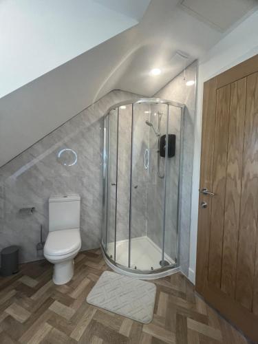 a bathroom with a shower and a toilet at Woodpecker Lodge in Frampton