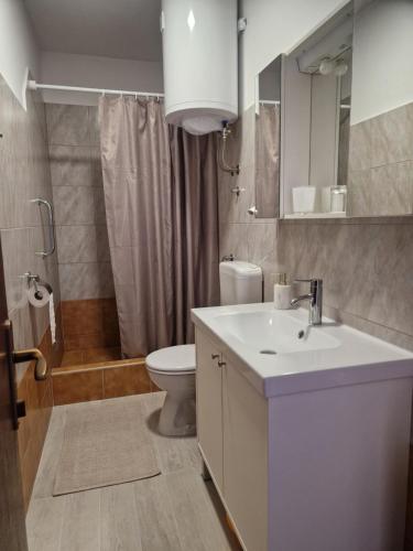 a bathroom with a sink and a toilet and a shower at Rooms Slade in Mali Ston