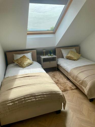 two beds in a room with a window at NICE Apartament Głogów in Głogów