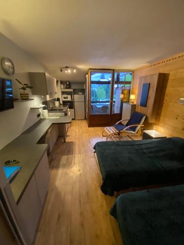 une cuisine et un salon avec un canapé et une table dans l'établissement Les Cybeles curistes, à Brides-les-Bains