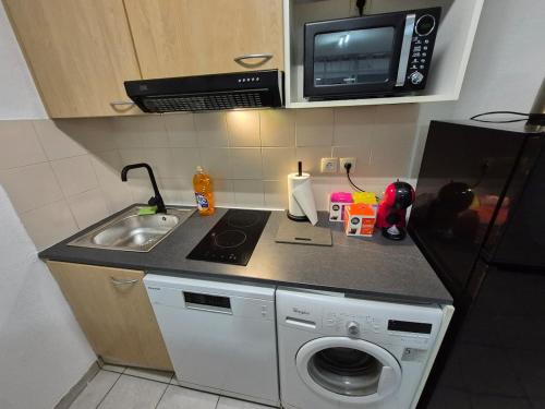 une cuisine avec un lave-linge et un micro-ondes dans l'établissement Appartement proche de Genève, à Annemasse