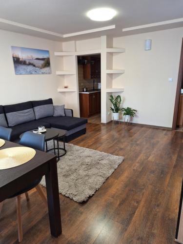 a living room with a blue couch and wooden floors at Pensjonat Koral in Darłówko