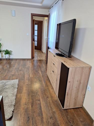 a living room with a flat screen tv on a wooden entertainment center at Pensjonat Koral in Darłówko