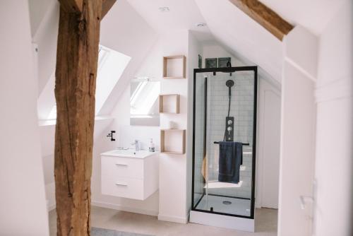 une salle de bain avec un miroir et un lavabo dans l'établissement Chambres d'hôtes Le Clos des Chaumes, proche Honfleur, à Saint-Maclou