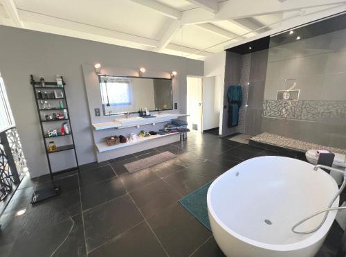 La salle de bains est pourvue d'une baignoire blanche et d'un grand miroir. dans l'établissement Loft Atypique Beaucaire, à Beaucaire