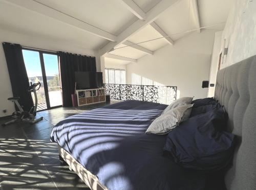 une chambre avec un grand lit avec une grande fenêtre dans l'établissement Loft Atypique Beaucaire, à Beaucaire