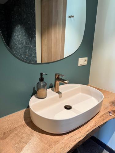 a bathroom with a white sink and a mirror at L'Orée de Borzée in La Roche-en-Ardenne