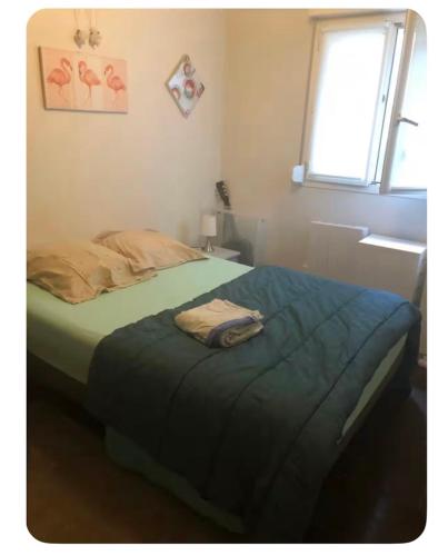 - une chambre avec un lit doté d'une couverture bleue dans l'établissement T3 charmant petit nid douillet, à Eysines