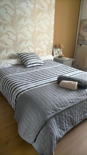 - un grand lit avec une couette bleue et blanche dans l'établissement logement centre ville, au Mans