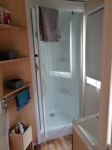 une douche avec une porte vitrée dans une salle de bain dans l'établissement mobil home chez ANIK & ALAIN, à La Roque-dʼAnthéron