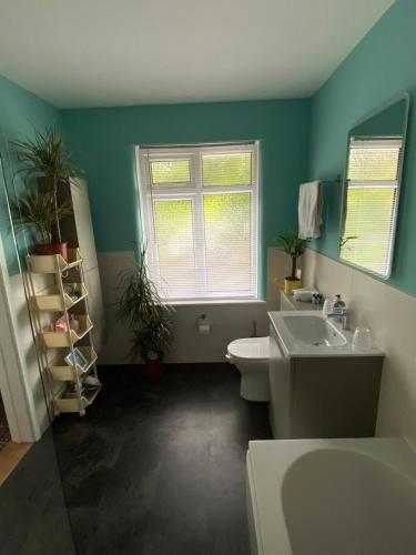 a bathroom with a toilet and a sink and a window at Cornerways Guest House St Austell Cornwall in St Austell