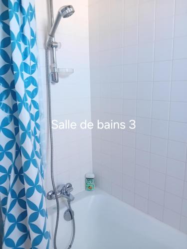une cabine de douche avec un rideau de douche bleu et blanc dans l'établissement Gîte de La Ferme de La Cour, à Crasville