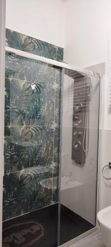 a bathroom with a shower with a glass door at B&b S'Erbei Niedda Guesthouse in Seùlo