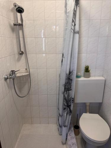 a bathroom with a shower with a toilet and a shower curtain at Aloha in Poreč