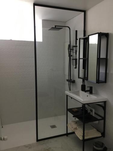 a bathroom with a sink and a mirror at Chez Catherine in Vorey