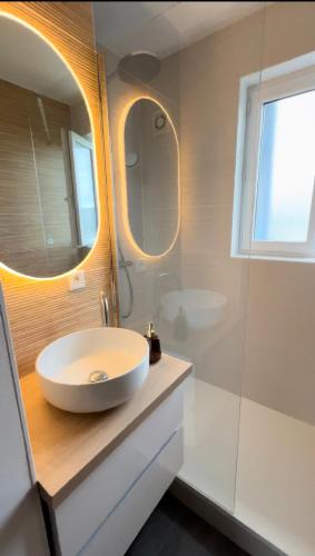 une salle de bain avec un lavabo et un miroir dans l'établissement Appartement 2 chambres, centre ville, proche mer, à Saint-Nazaire